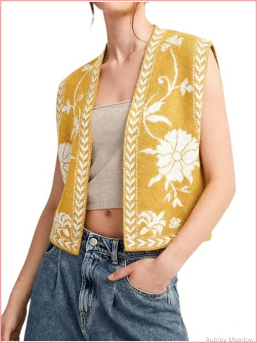 Sleeveless Knit Vest Floral Cropped Cardigan Boho Women's Sweater